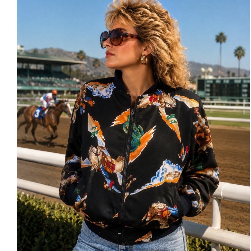 Vintage Western Equestrian Horse Print Bomber Jacket Black Novelty Cowboy Sz L